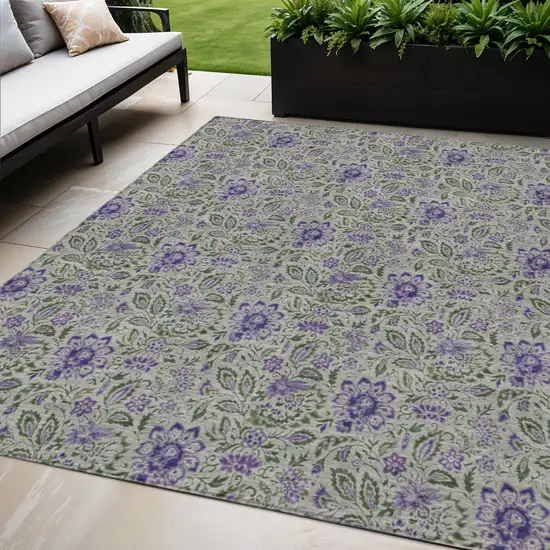 Olive Green Sage And Purple Floral Washable Indoor Outdoor Area Rug Photo 1