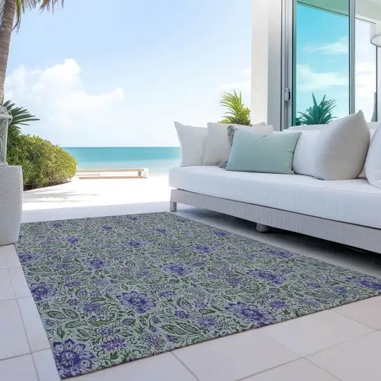 Olive Green Sage And Purple Floral Washable Indoor Outdoor Area Rug Photo 9