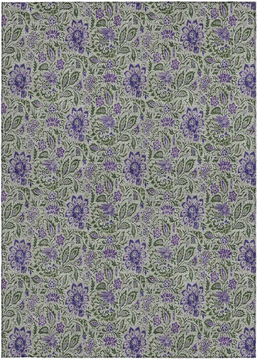 Olive Green Sage And Purple Floral Washable Indoor Outdoor Area Rug Photo 6