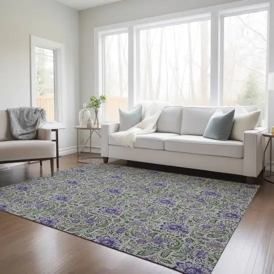 Olive Green Sage And Purple Floral Washable Indoor Outdoor Area Rug Photo 9