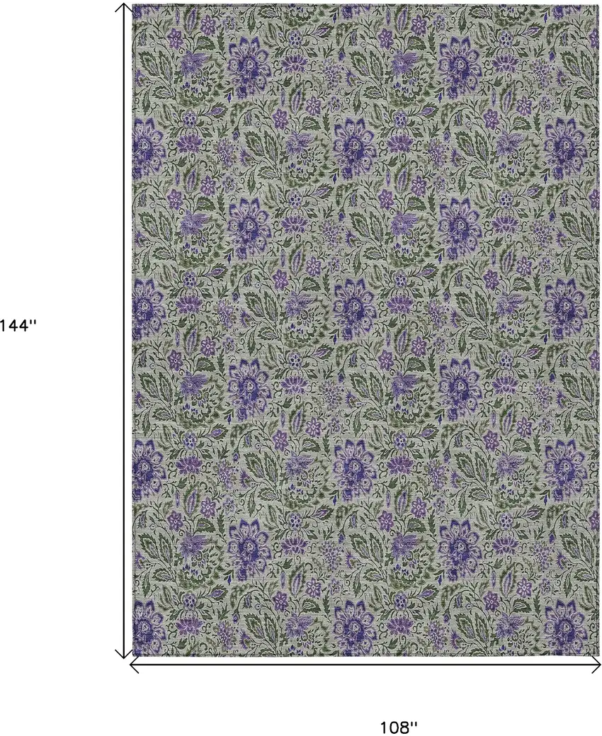 Olive Green Sage And Purple Floral Washable Indoor Outdoor Area Rug Photo 3