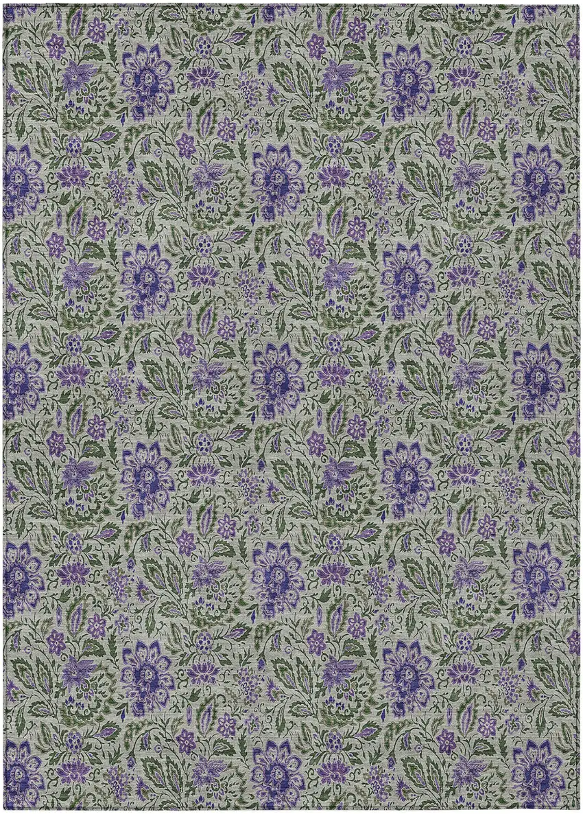 Olive Green Sage And Purple Floral Washable Indoor Outdoor Area Rug Photo 2