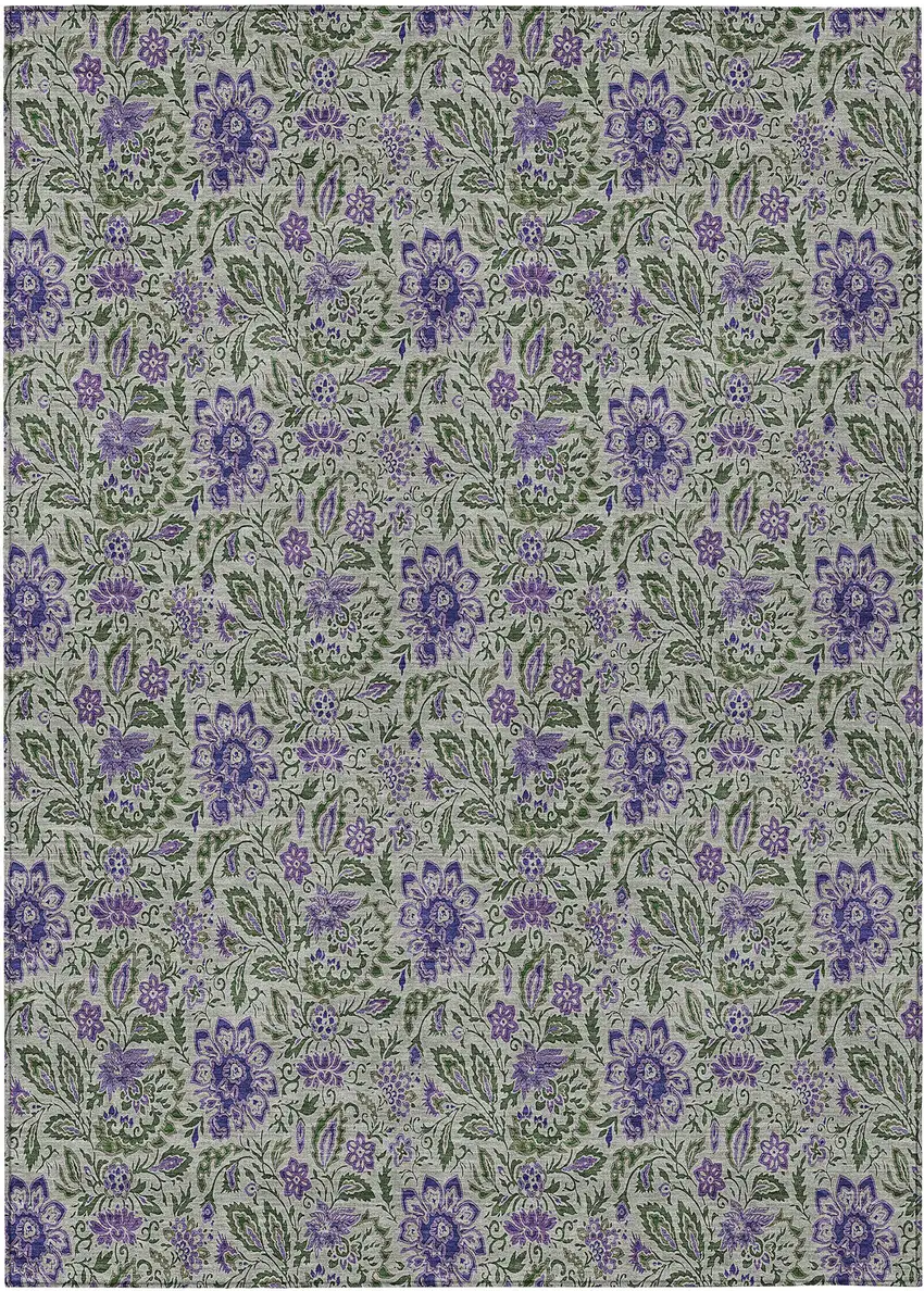 Olive Green Sage And Purple Floral Washable Indoor Outdoor Area Rug Photo 2
