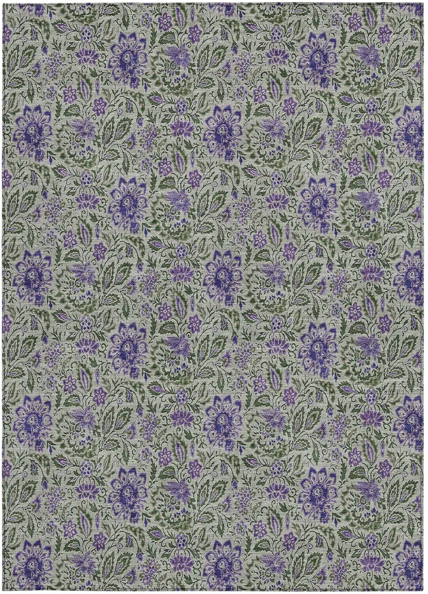 Olive Green Sage And Purple Floral Washable Indoor Outdoor Area Rug Photo 6