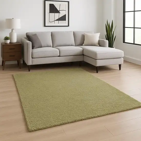 Olive Green Shag Tufted Handmade Stain Resistant Area Rug Photo 2