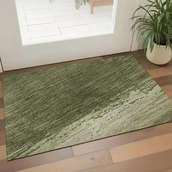 Olive Green Silver And Brown Abstract Washable Area Rug With UV Protection Photo 2