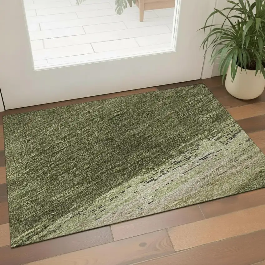 Olive Green Silver And Brown Abstract Washable Area Rug With UV Protection Photo 2