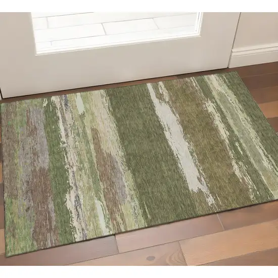 Olive Green Silver And Brown Abstract Washable Area Rug With UV Protection Photo 1