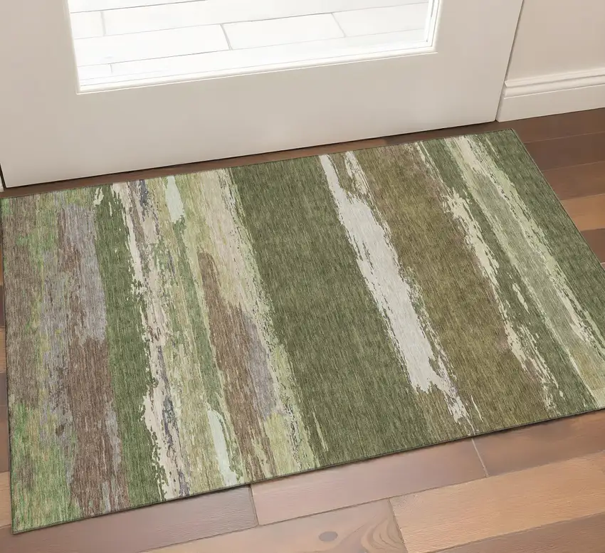Olive Green Silver And Brown Abstract Washable Area Rug With UV Protection Photo 1