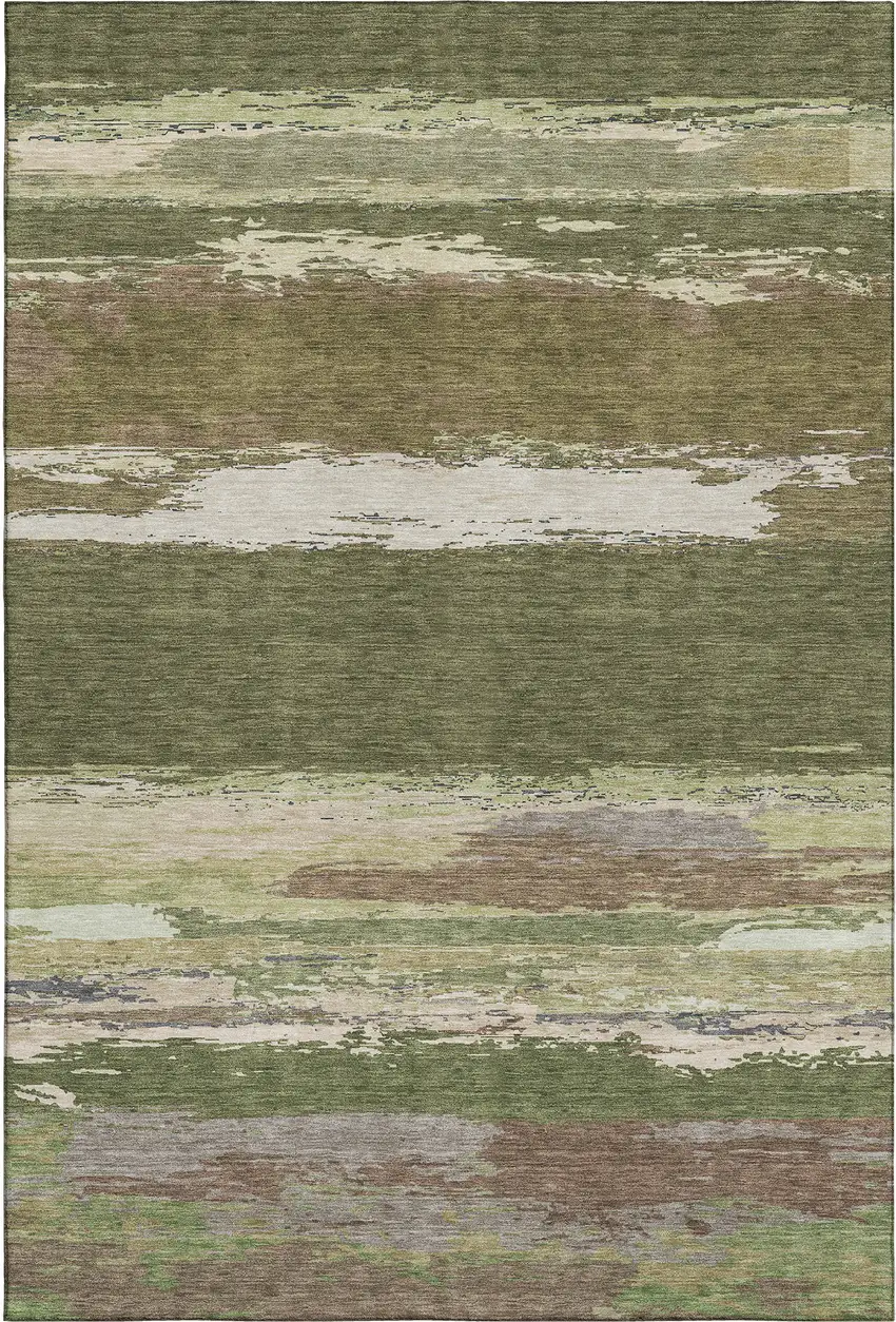Olive Green Silver And Brown Abstract Washable Area Rug With UV Protection Photo 5