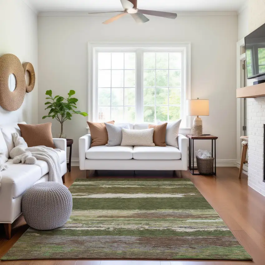 Olive Green Silver And Brown Abstract Washable Area Rug With UV Protection Photo 4