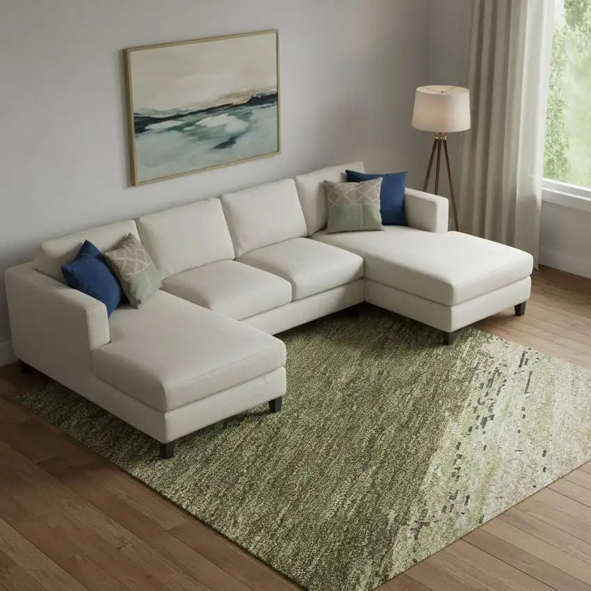 Olive Green Silver And Brown Abstract Washable Area Rug With UV Protection Photo 2