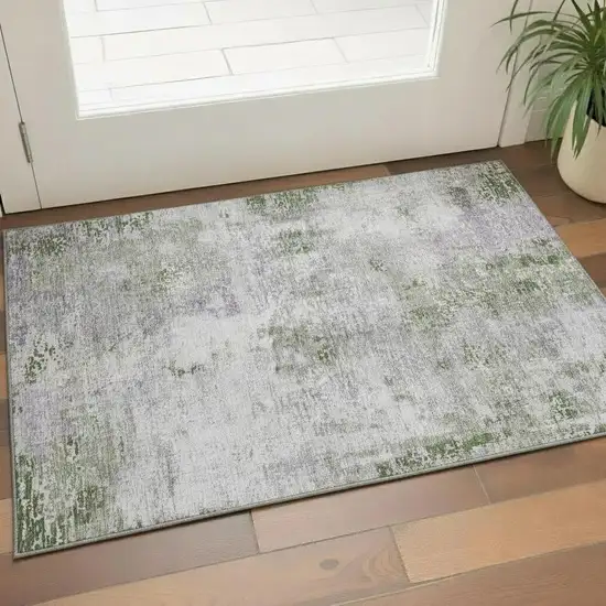 Olive Green Silver And Gray Abstract Washable Area Rug With UV Protection Photo 1