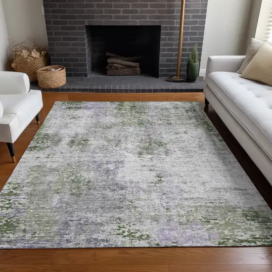 Olive Green Silver And Gray Abstract Washable Area Rug With UV Protection Photo 6