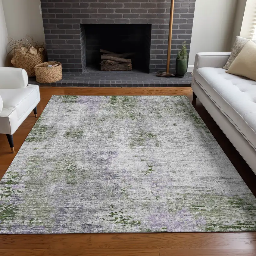 Olive Green Silver And Gray Abstract Washable Area Rug With UV Protection Photo 6