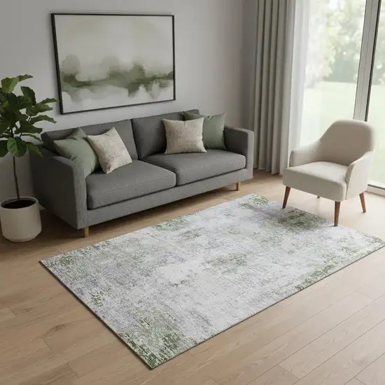 Olive Green Silver And Gray Abstract Washable Area Rug With UV Protection Photo 1