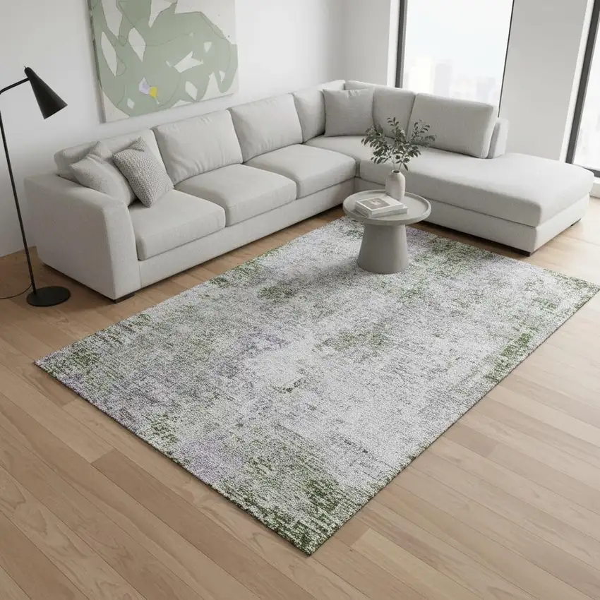 Olive Green Silver And Gray Abstract Washable Area Rug With UV Protection Photo 2