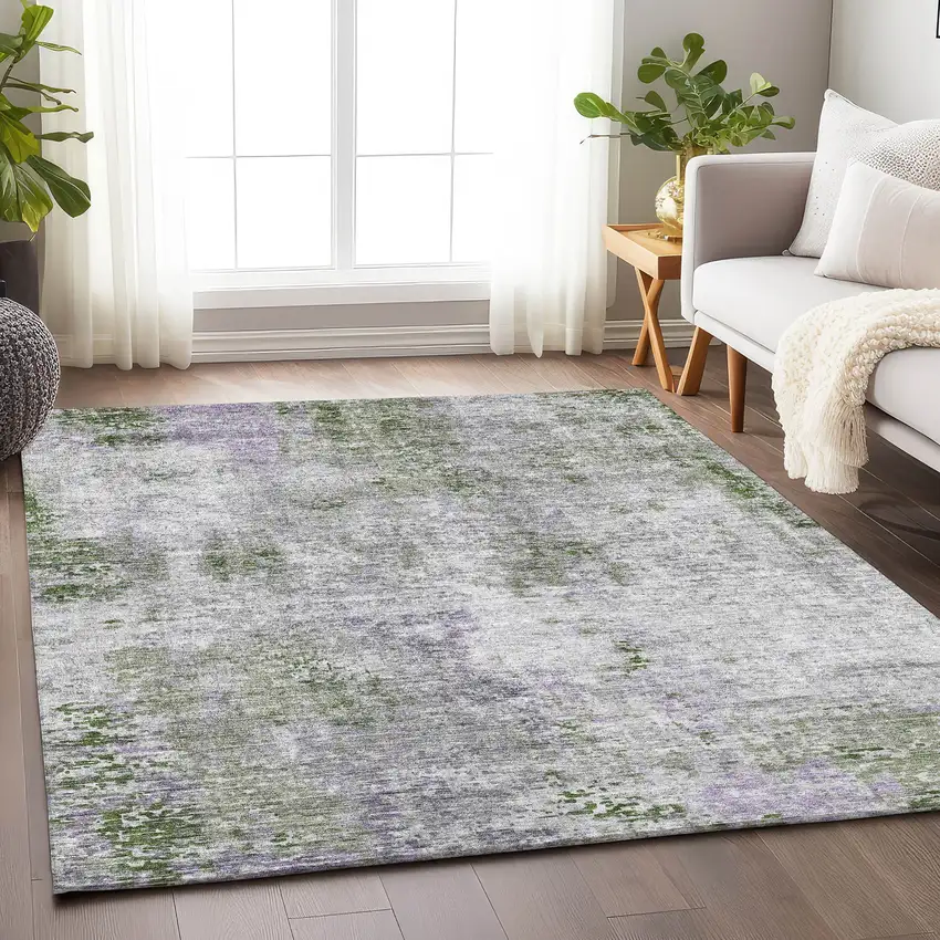 Olive Green Silver And Gray Abstract Washable Area Rug With UV Protection Photo 6