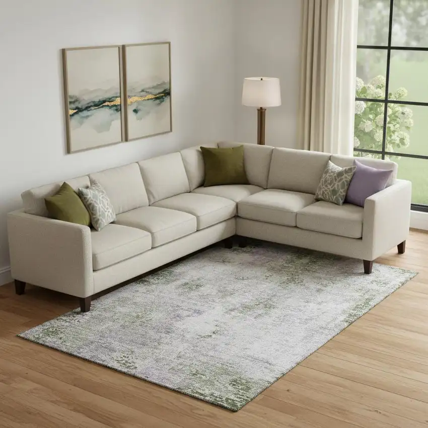 Olive Green Silver And Gray Abstract Washable Area Rug With UV Protection Photo 1