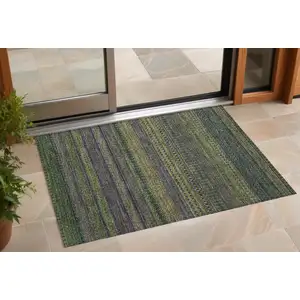Photo of Olive Green Striped Washable Non Skid Indoor Outdoor Area Rug