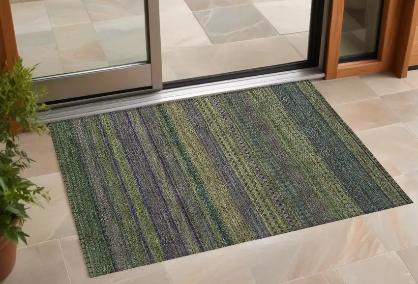 Olive Green Striped Washable Non Skid Indoor Outdoor Area Rug Photo 1