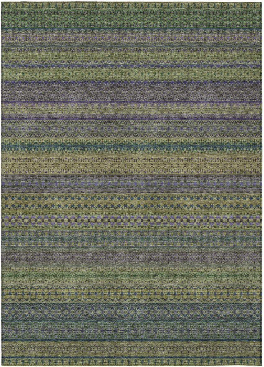 Olive Green Striped Washable Non Skid Indoor Outdoor Area Rug Photo 2