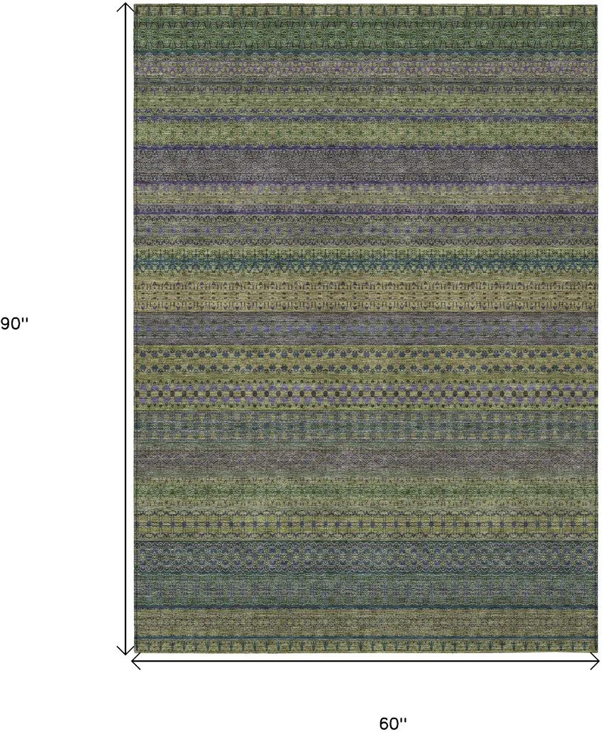 Olive Green Striped Washable Non Skid Indoor Outdoor Area Rug Photo 3
