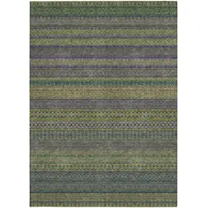 Photo of Olive Green Striped Washable Non Skid Indoor Outdoor Area Rug