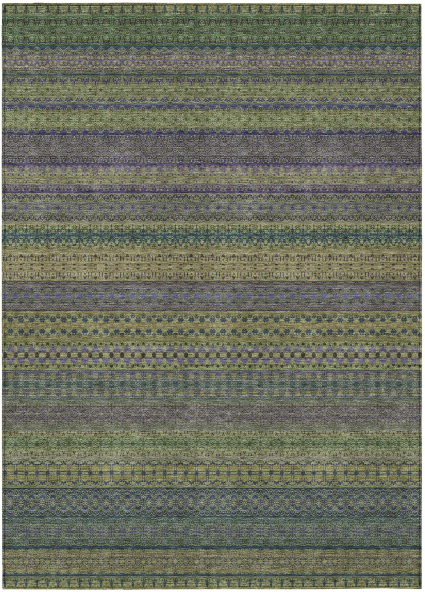 Olive Green Striped Washable Non Skid Indoor Outdoor Area Rug Photo 2