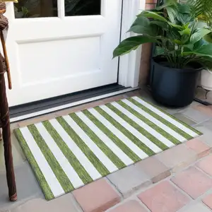 Photo of Olive Green Striped Washable Non Skid Indoor Outdoor Area Rug