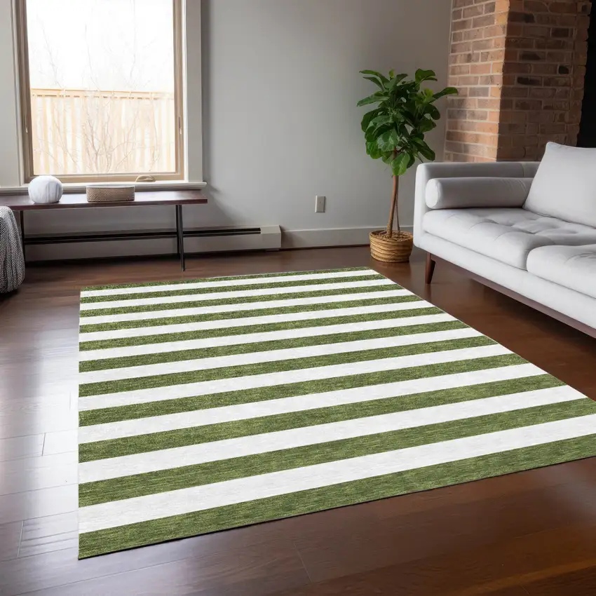 Olive Green Striped Washable Non Skid Indoor Outdoor Area Rug Photo 8
