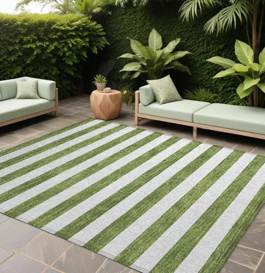 Olive Green Striped Washable Non Skid Indoor Outdoor Area Rug Photo 1