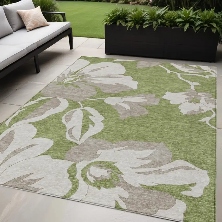 Olive Green Taupe And Beige Floral Washable Indoor Outdoor Area Rug Photo 1