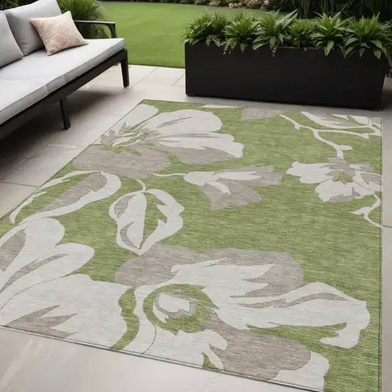 Olive Green Taupe And Beige Floral Washable Indoor Outdoor Area Rug Photo 1