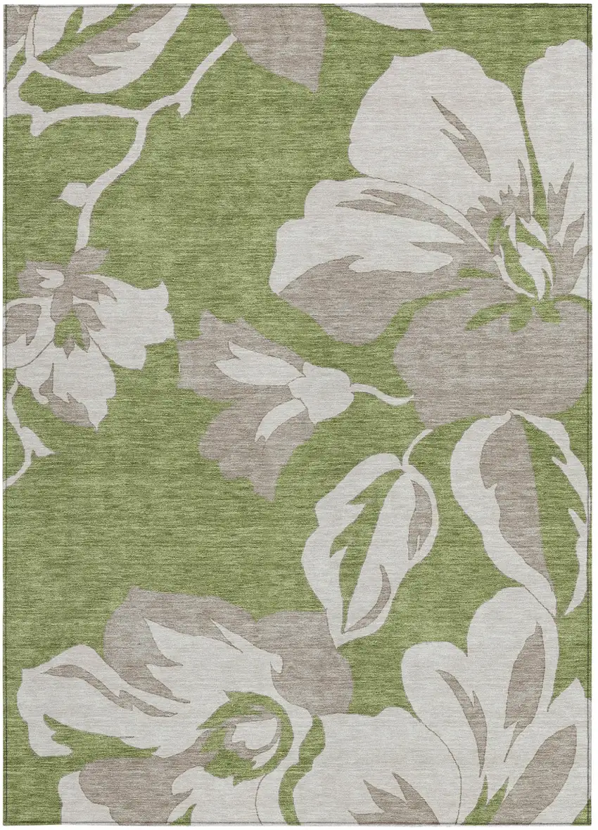 Olive Green Taupe And Beige Floral Washable Indoor Outdoor Area Rug Photo 8