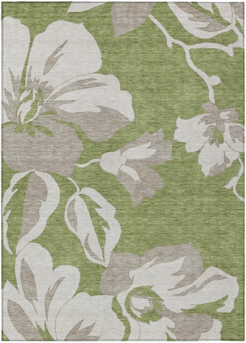 Olive Green Taupe And Beige Floral Washable Indoor Outdoor Area Rug Photo 2
