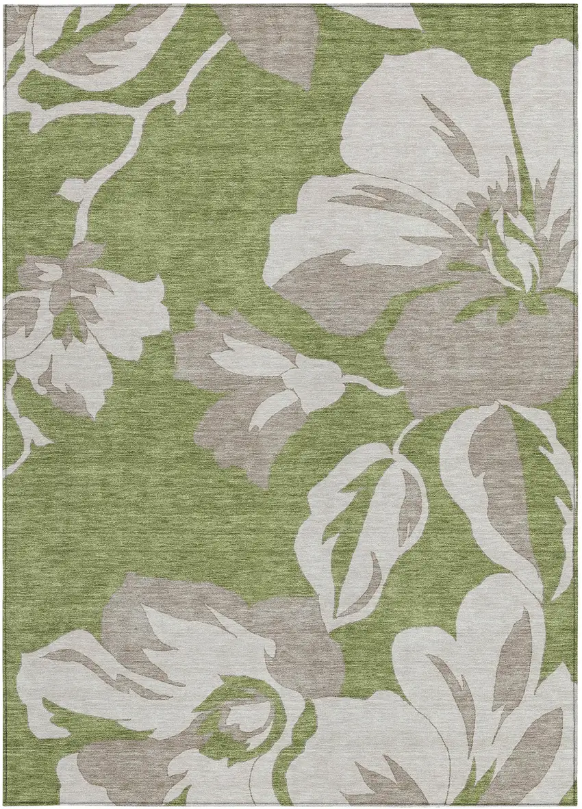 Olive Green Taupe And Beige Floral Washable Indoor Outdoor Area Rug Photo 8