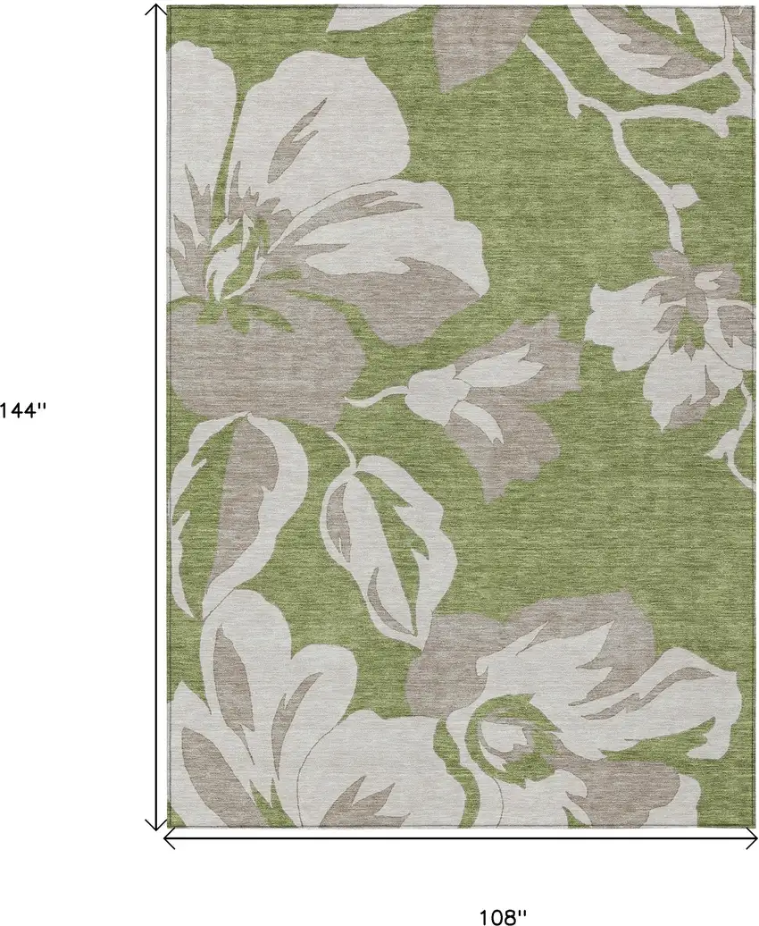 Olive Green Taupe And Beige Floral Washable Indoor Outdoor Area Rug Photo 3
