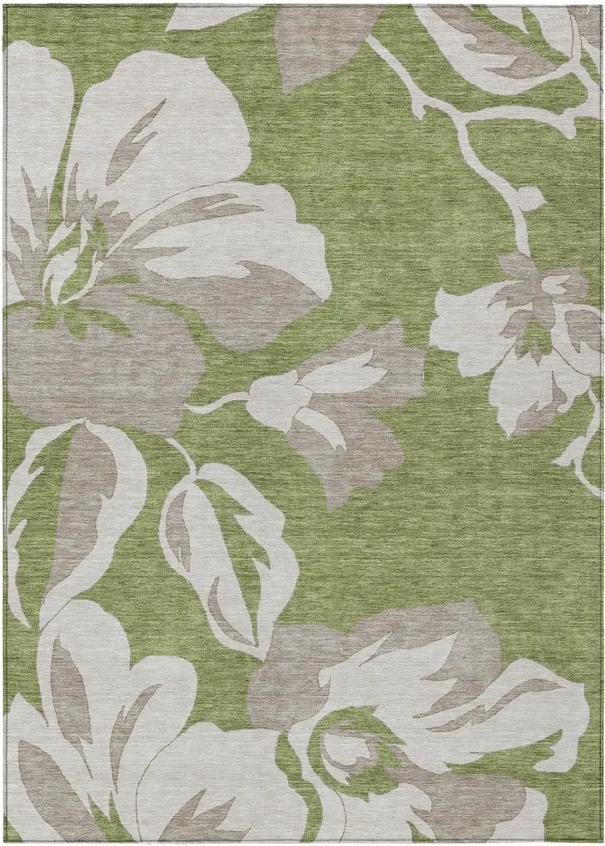 Olive Green Taupe And Beige Floral Washable Indoor Outdoor Area Rug Photo 2
