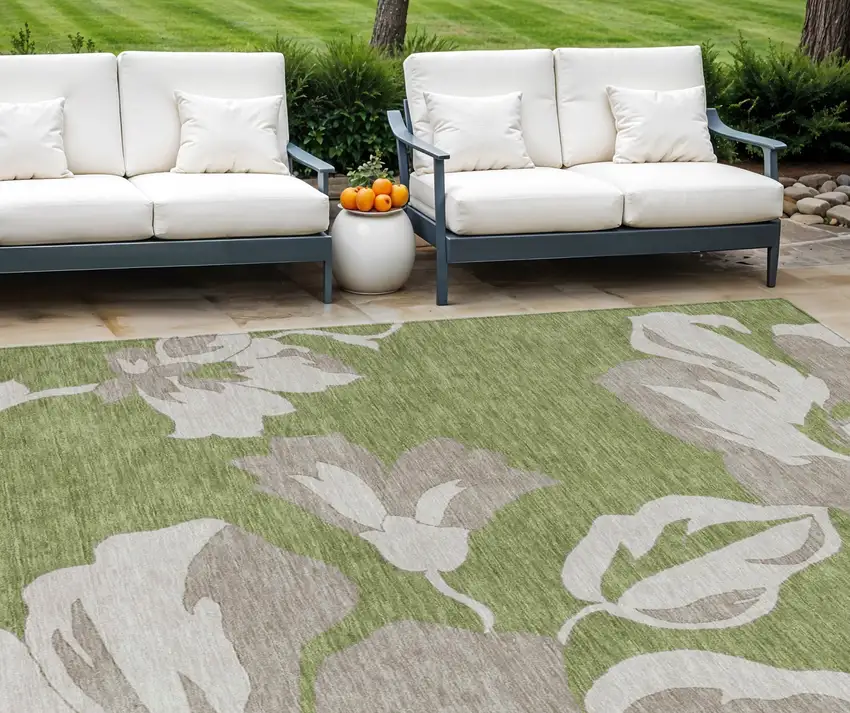 Olive Green Taupe And Beige Floral Washable Indoor Outdoor Area Rug Photo 1
