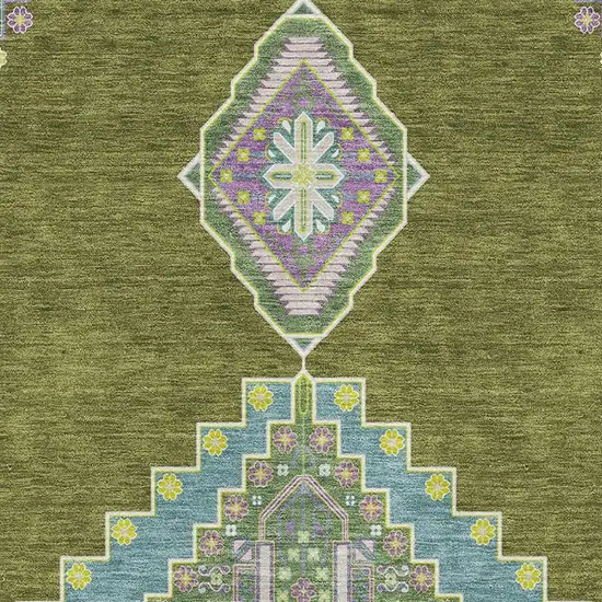 Olive Green Teal And Purple Oriental Washable Area Rug With UV Protection Photo 3