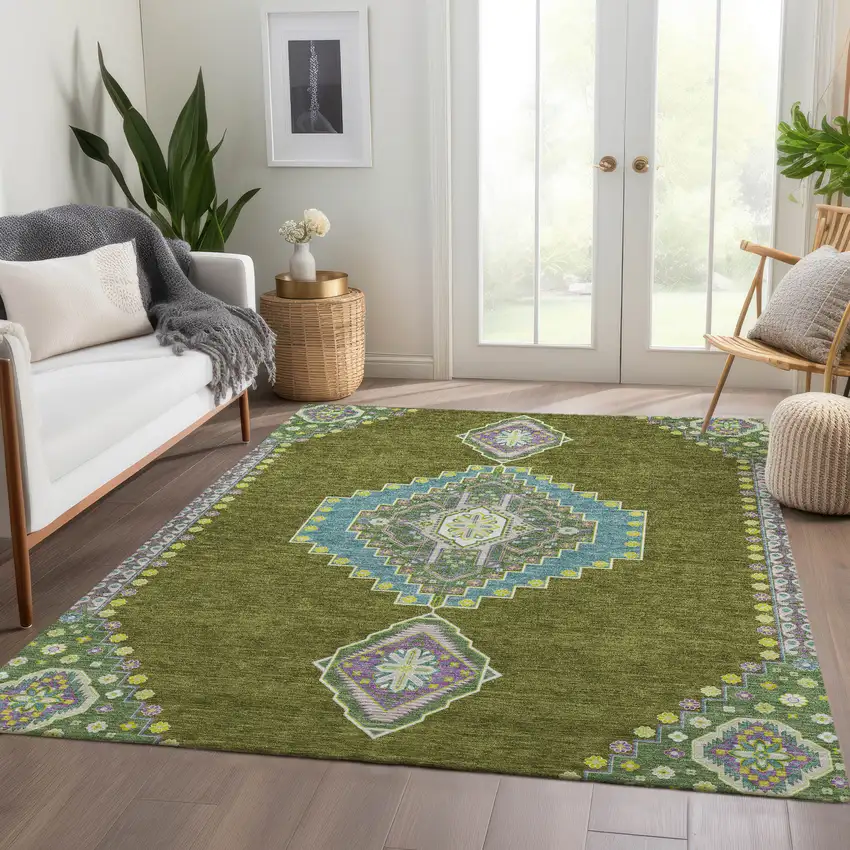 Olive Green Teal And Purple Oriental Washable Area Rug With UV Protection Photo 5