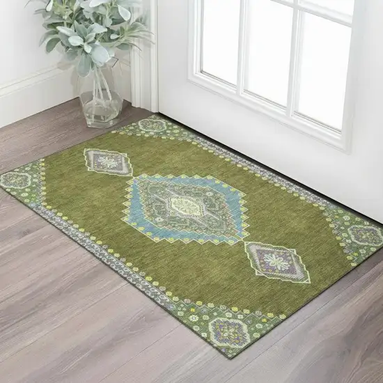 Olive Green Teal And Purple Oriental Washable Area Rug With UV Protection Photo 2