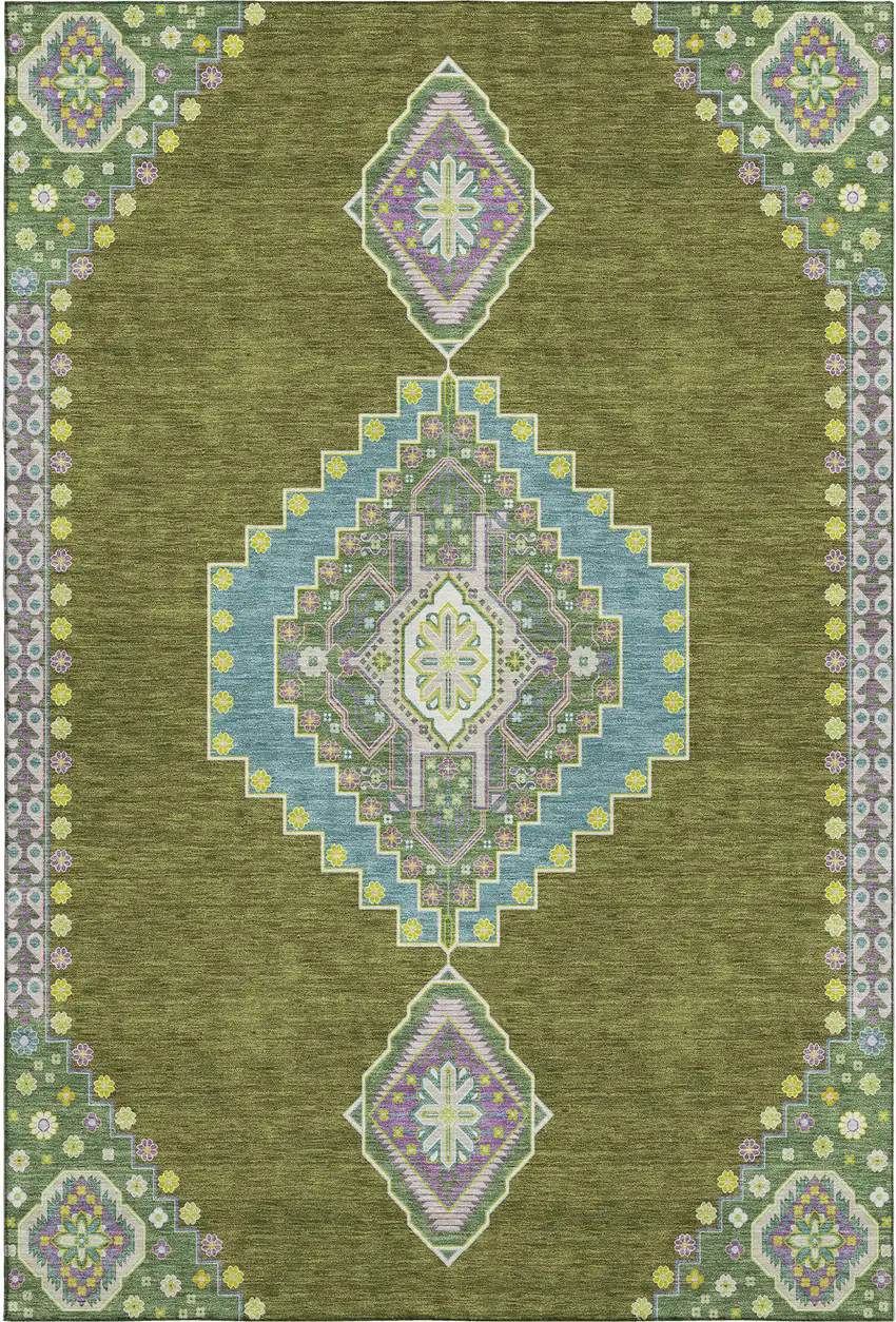 Olive Green Teal And Purple Oriental Washable Area Rug With UV Protection Photo 1