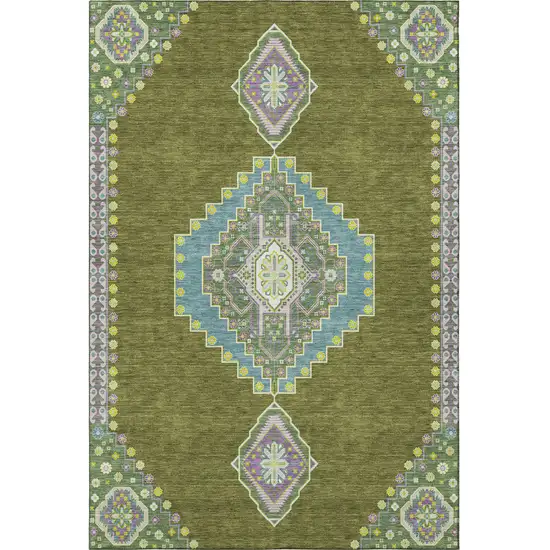 Olive Green Teal And Purple Oriental Washable Area Rug With UV Protection Photo 3