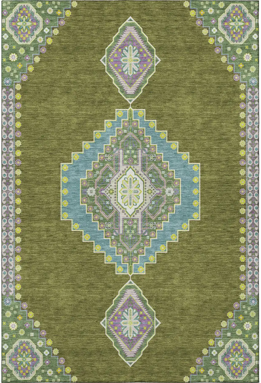 Olive Green Teal And Purple Oriental Washable Area Rug With UV Protection Photo 3