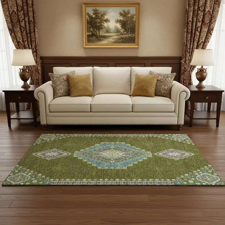 Olive Green Teal And Purple Oriental Washable Area Rug With UV Protection Photo 2