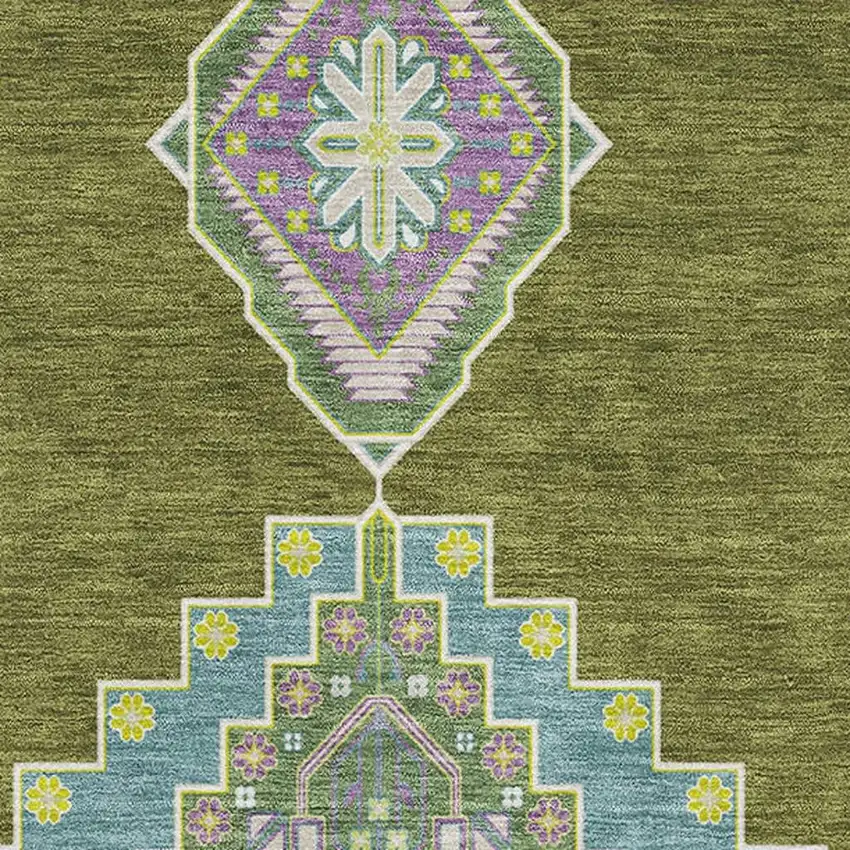 Olive Green Teal And Purple Oriental Washable Area Rug With UV Protection Photo 2
