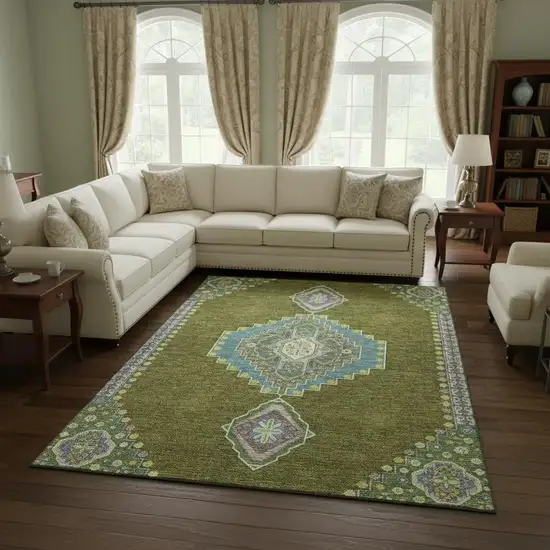 Olive Green Teal And Purple Oriental Washable Area Rug With UV Protection Photo 2