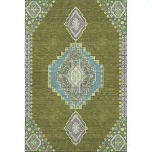 Photo of Olive Green Teal And Purple Oriental Washable Area Rug With UV Protection
